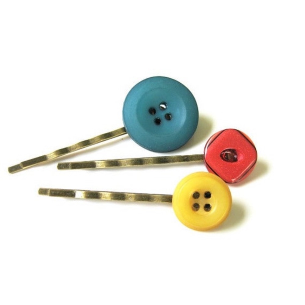 Dark Teal, Yellow, and Red Button Bobby Pin Set